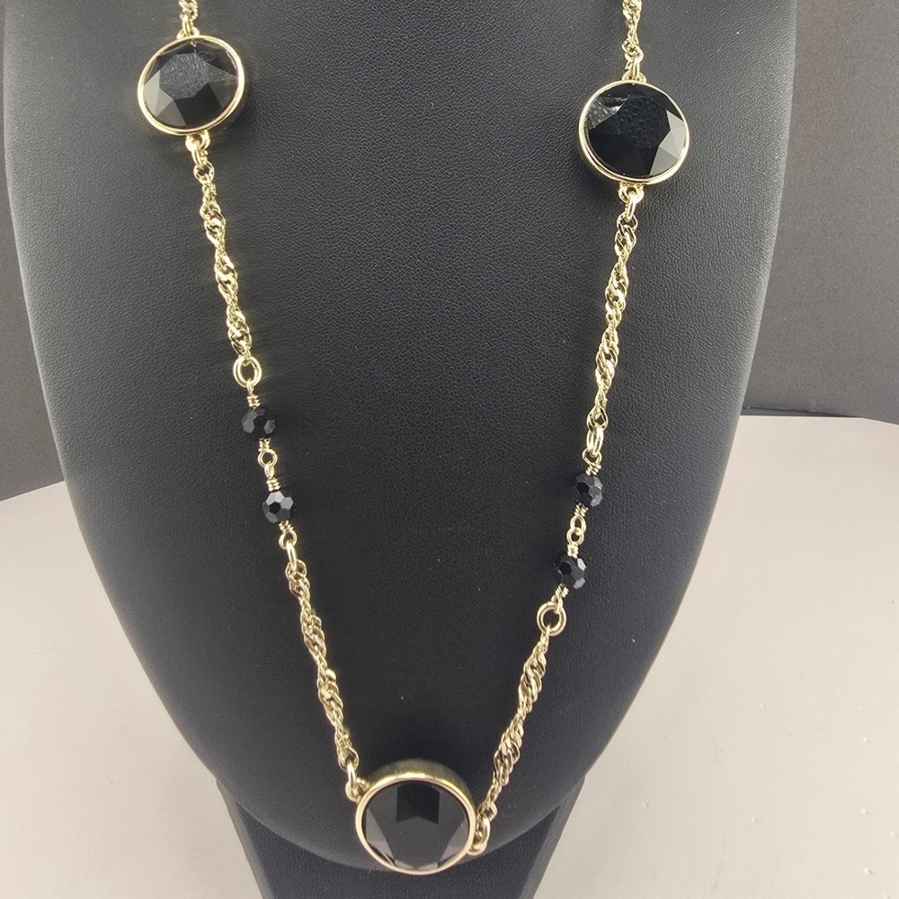 Vintage Akkad Necklace Gold Tone Black Rhinestone Magnetic Clasp 22in